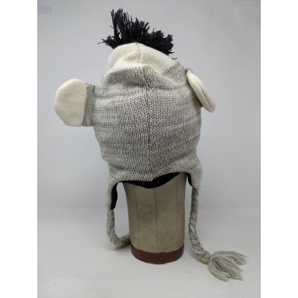 Sock Monkey Knit Beanie Hat Cap Button Eyes 100% Acrylic Gray White - Picture 6 of 10